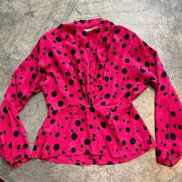 Vintage 80s Michelle Stuart Silk Pink Black Polka Dot Peplum Blouse Shirt 6 - Picture 1 of 13